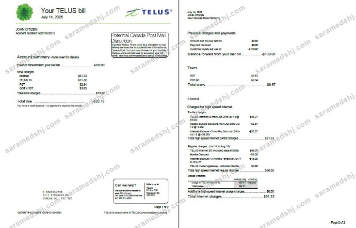 Canada Telus utility bill template in Word and PDF formats, 2 pages